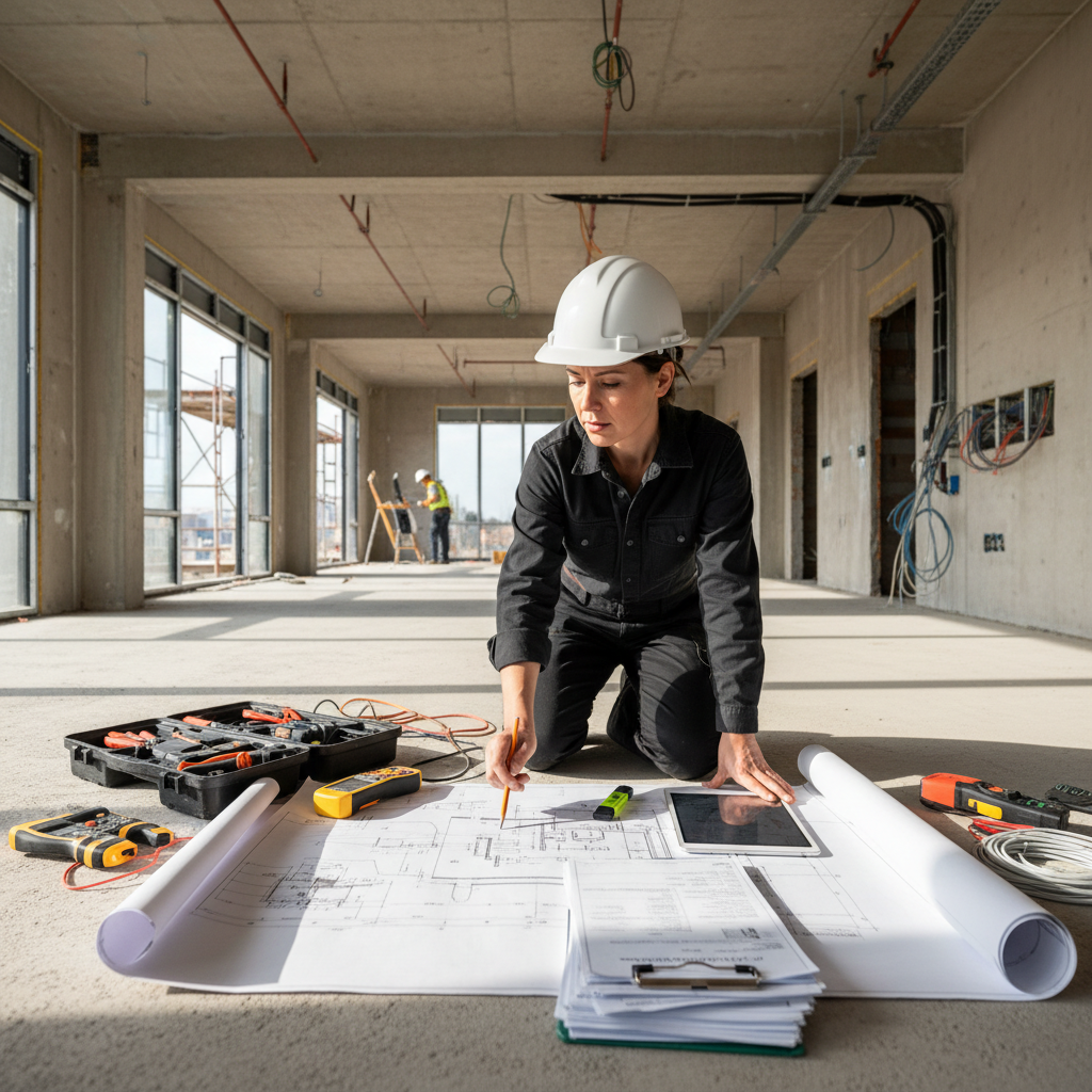 Licensed electrician reviewing electrical plans and permit paperwork at job site
