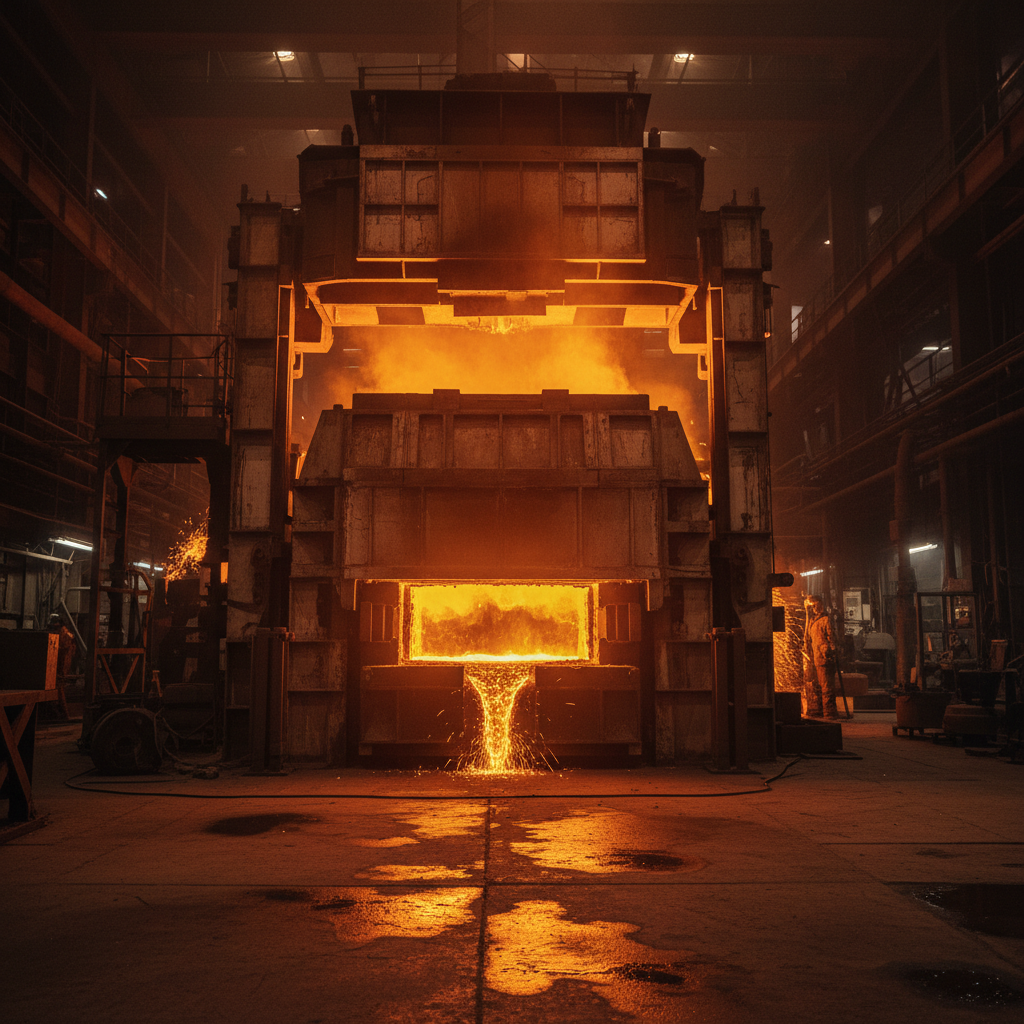 Industrial heat treatment furnace glowing orange, hardening facility, metal parts in high-temperature environment