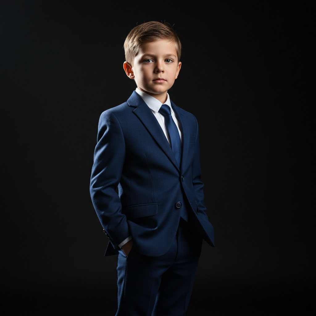 Small boy in smart formal suit on light background, clean bright studio, soft light from above