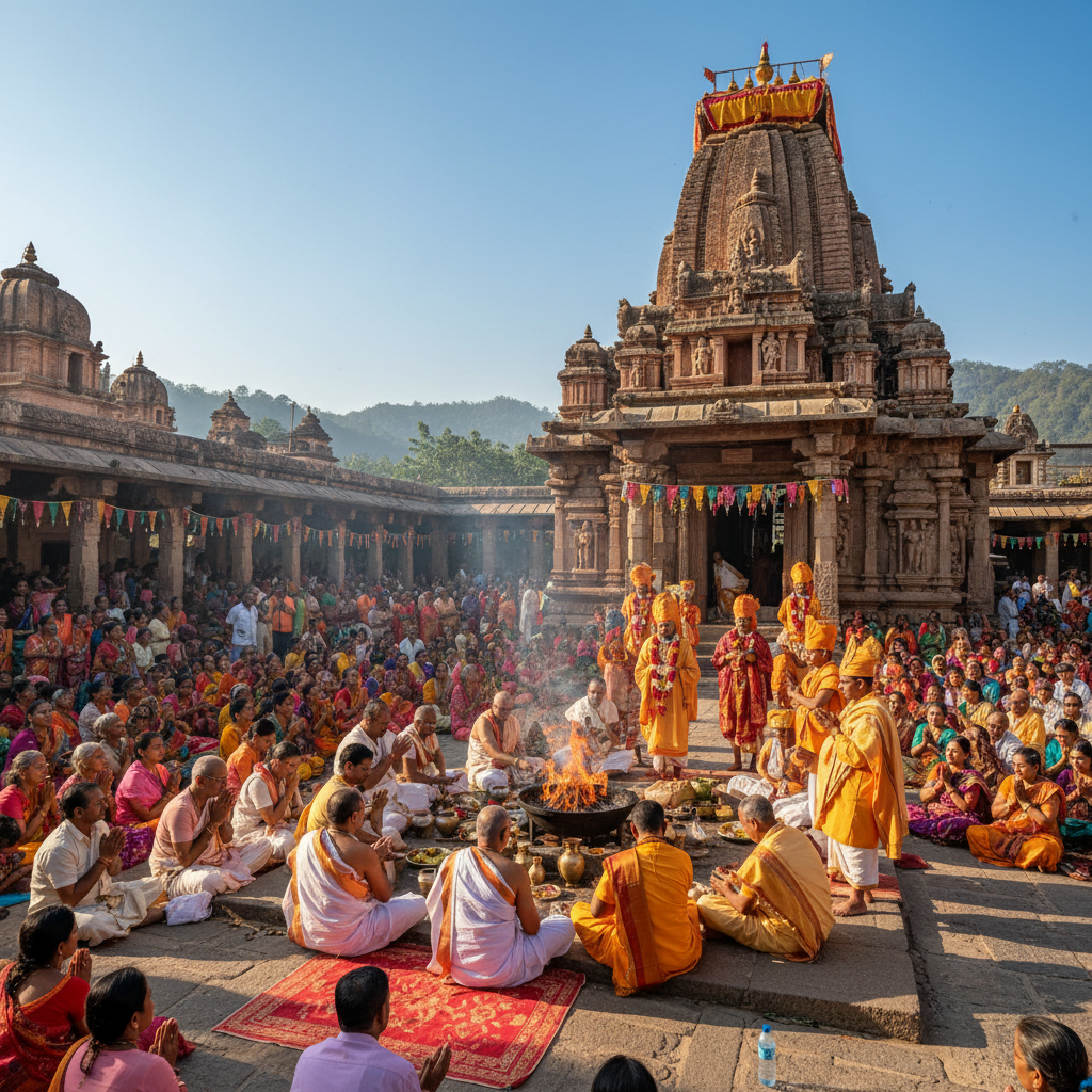 Sacred fire ceremony at night with hundreds of devotees gathered around blazing Yagna fire, priests in white, deep shadows, amber glow