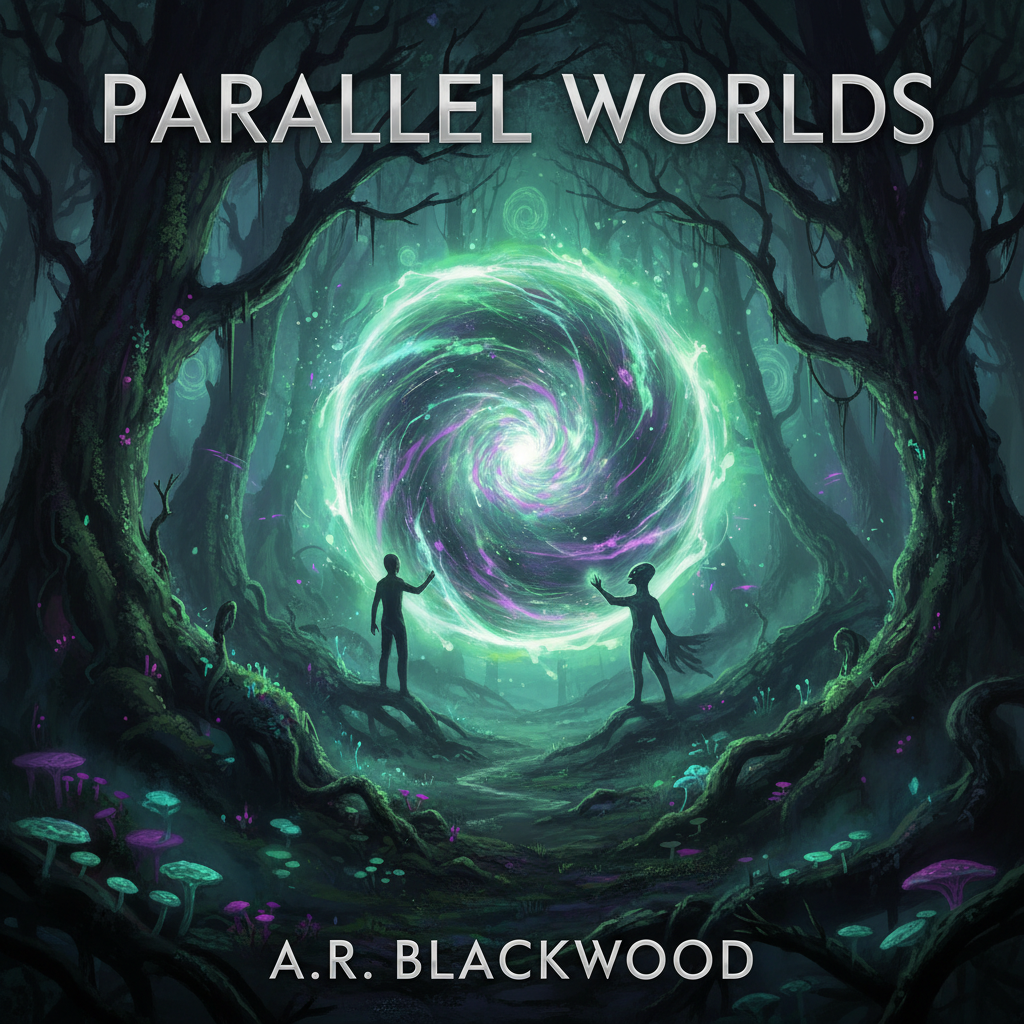 Dark forest book cover with golden light, moody atmospheric dim lighting