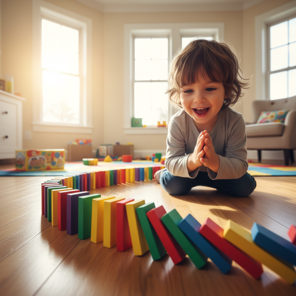 Row of colorful dominos falling in a chain reaction, child watching in delight