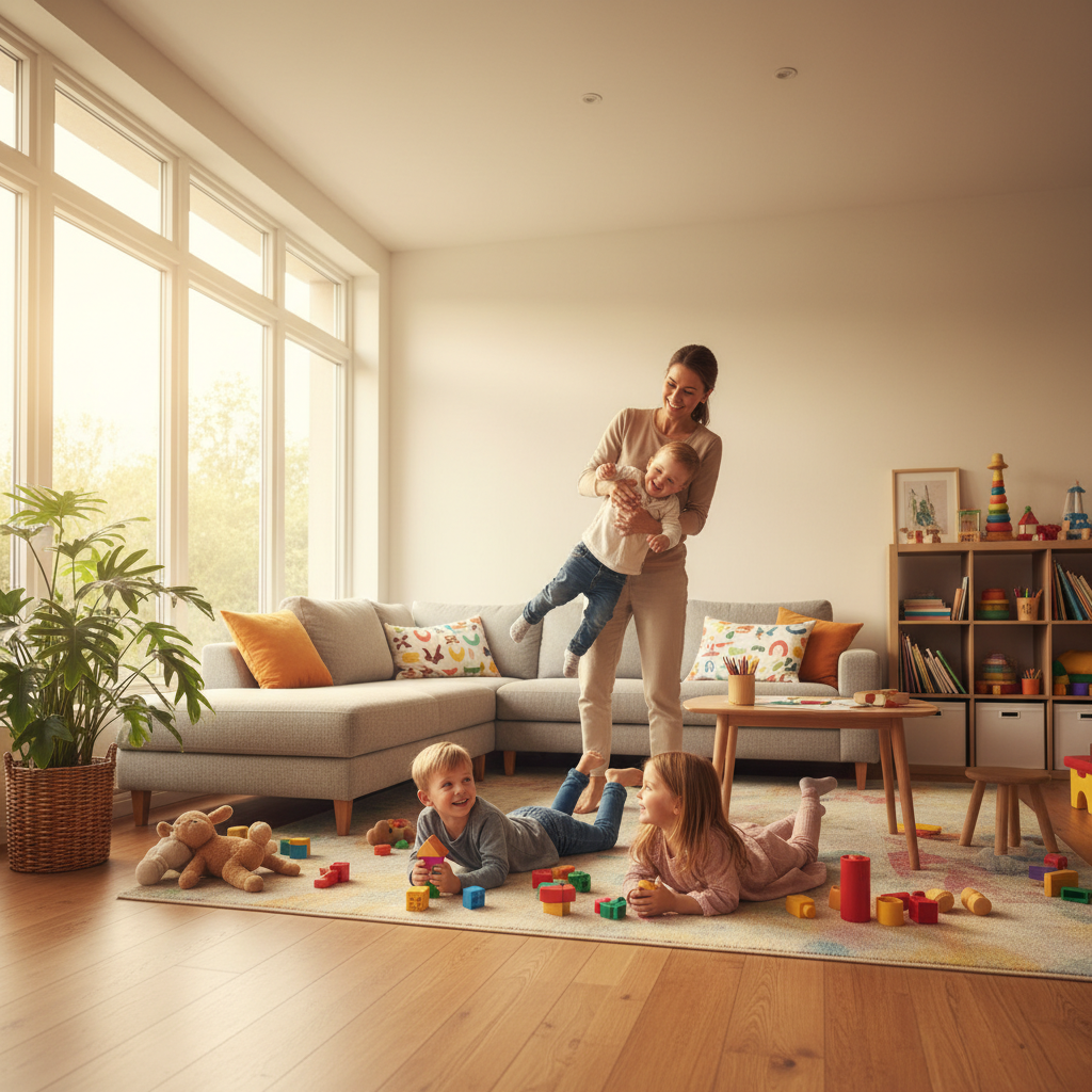 Caring nanny with child in well-lit Doha home, warm and nurturing atmosphere, bright open space