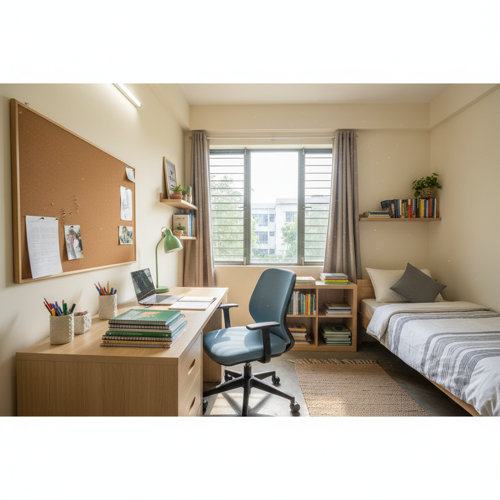 Clean comfortable hostel room with beds, study desk, warm lighting, tidy and well-maintained student accommodation