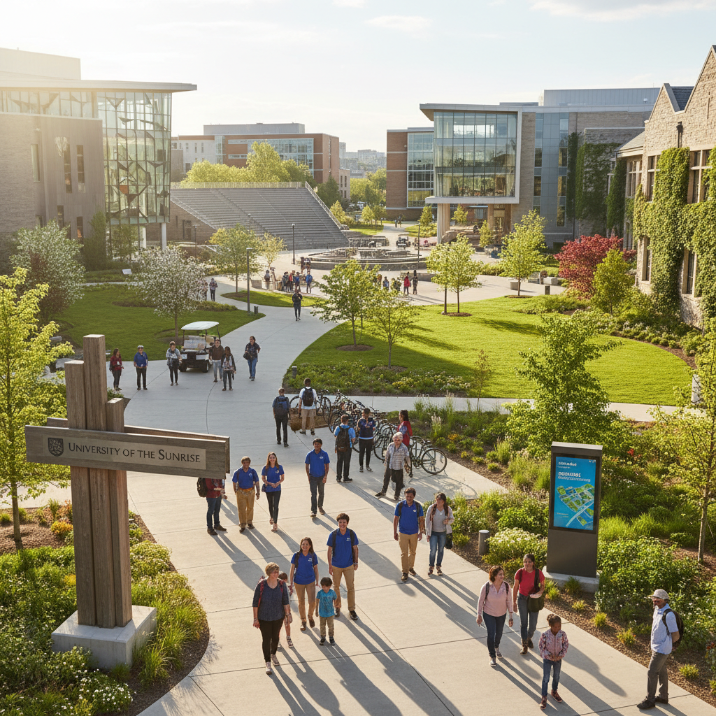 Beautiful university campus buildings with green lawns in bright sunlight