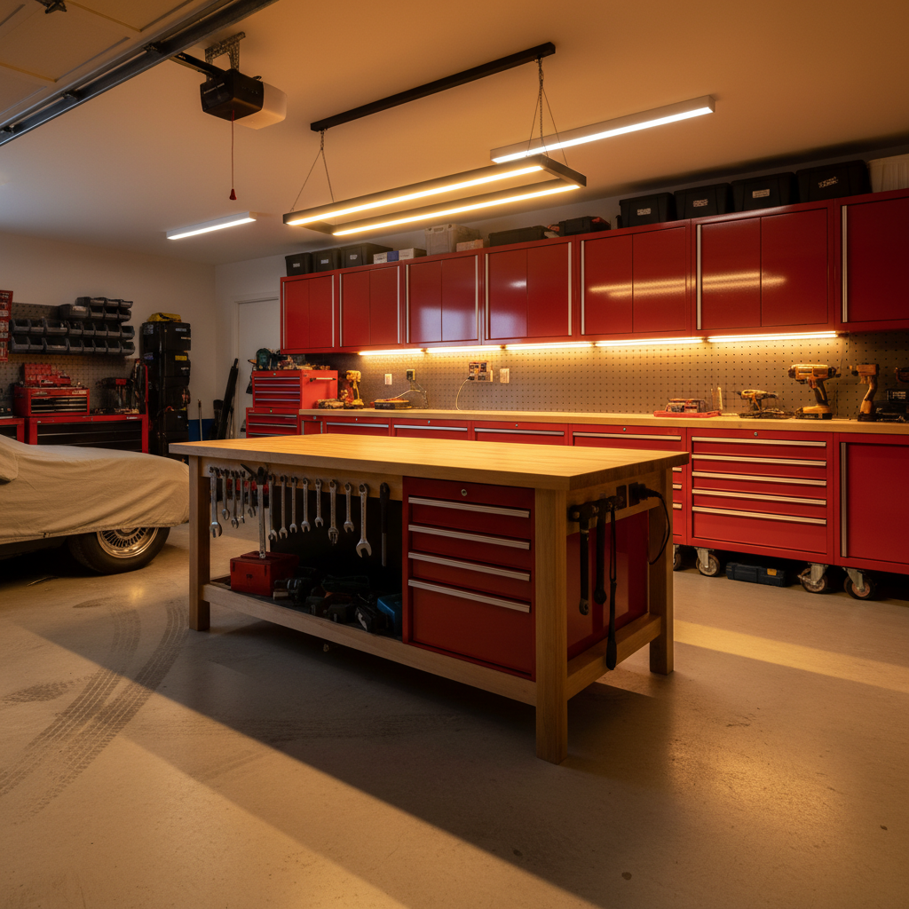 Fully outfitted garage with red steel cabinets along back wall, maple-top island bench in center, tools hanging in silhouette under warm LED lighting