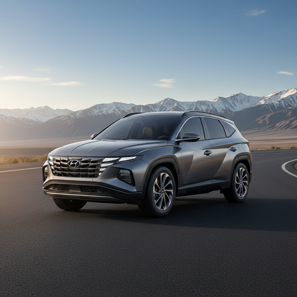 Magnetic Force 2021 Hyundai Tucson 1.6T parked on an empty road with mountains in background