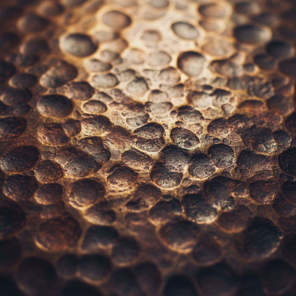 Close-up of hammer-textured steel surface showing hand-worked marks and warm metal patina