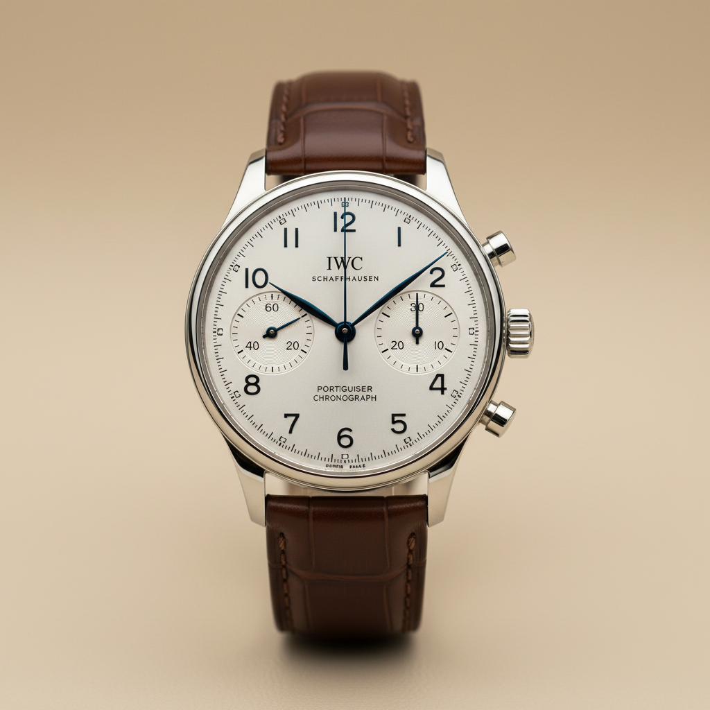 IWC Portugieser chronograph watch with silver dial and brown leather strap on dark wood surface