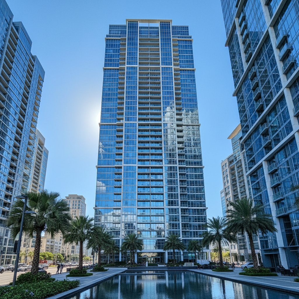 Modern residential apartment building exterior with glass facade in UAE