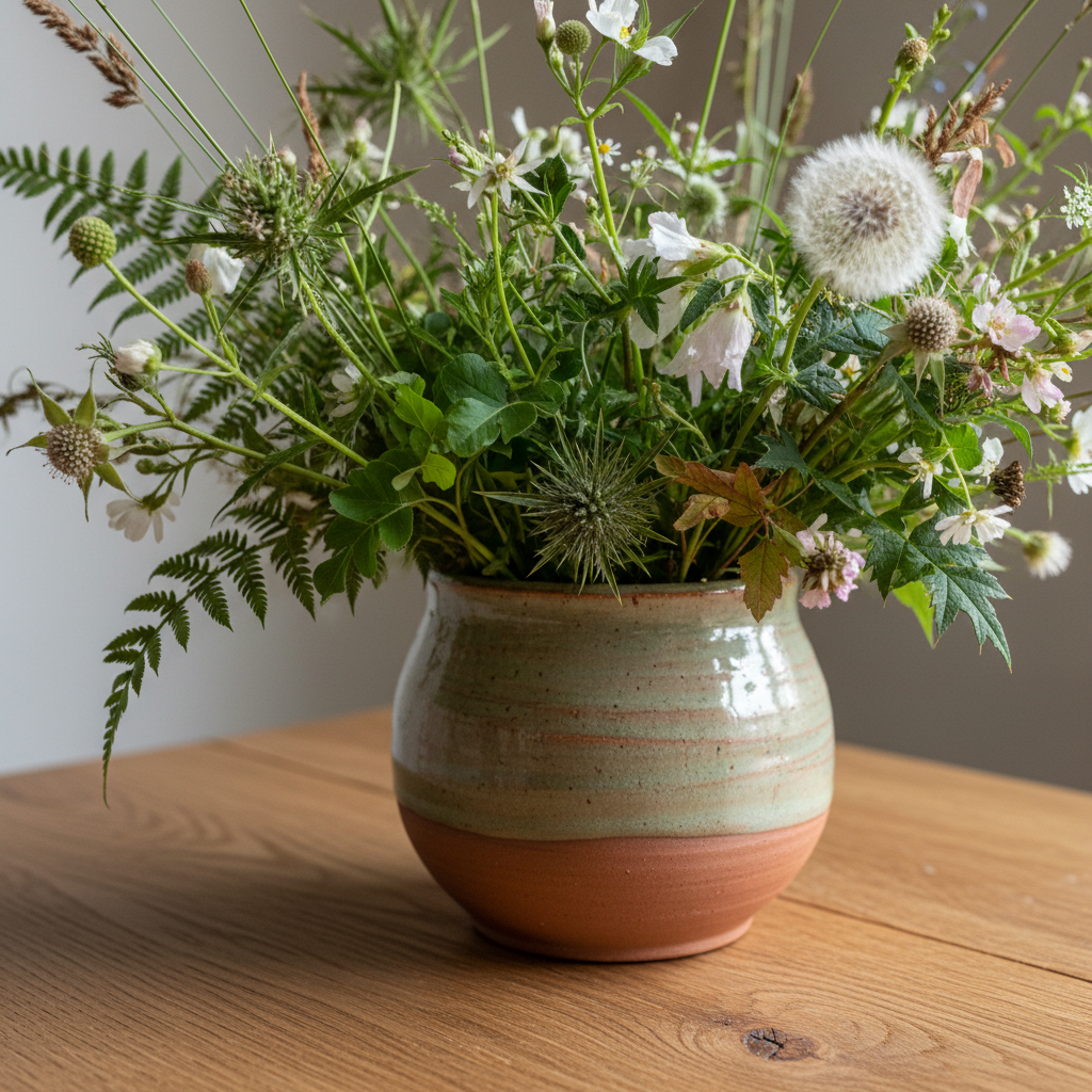 Wild-stem floral arrangement in a hand-thrown ceramic vessel on a raw oak surface