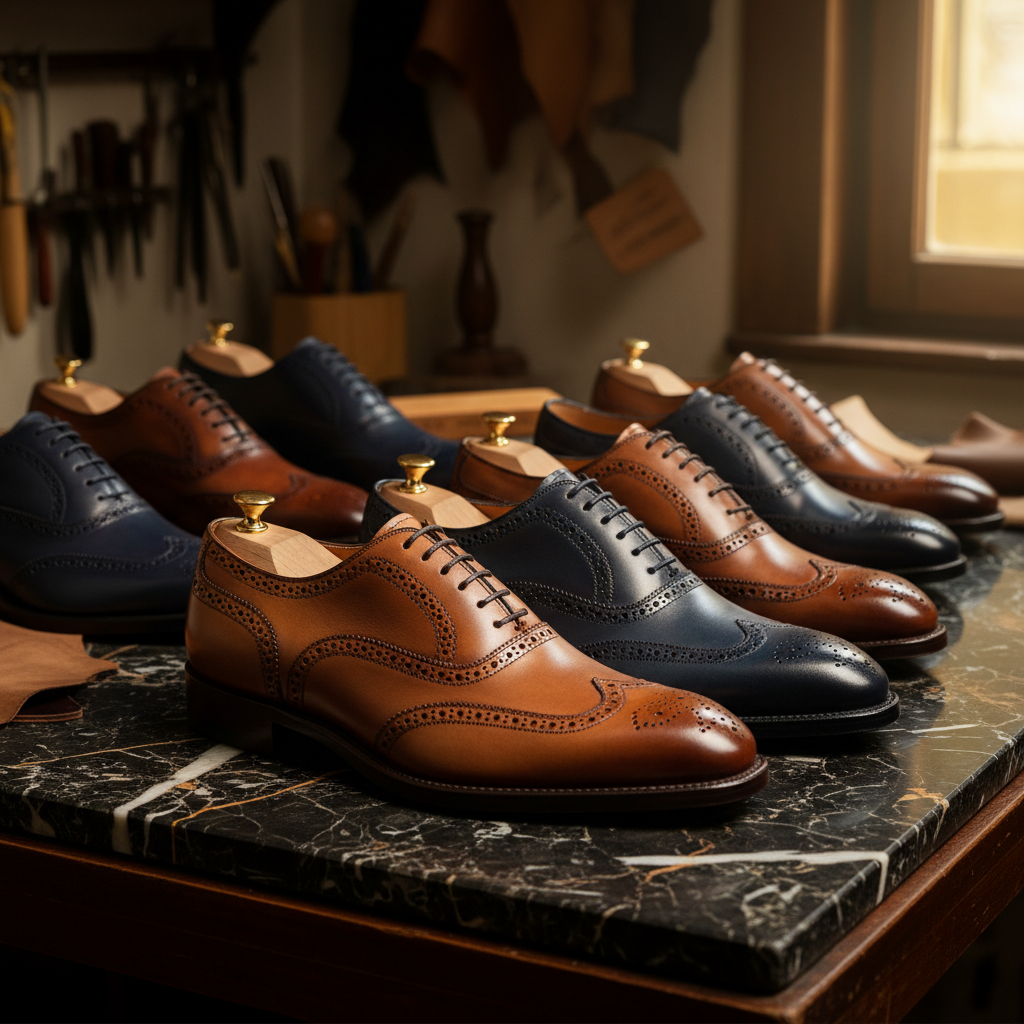 SLF atelier interior — leather artisan hands working at a well-lit wooden workbench in Florence