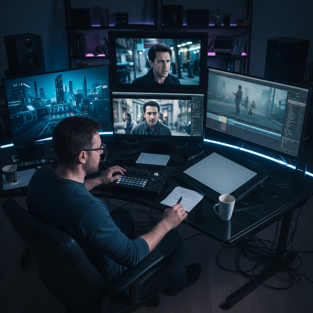 Creator in a dark edit bay with video timeline reflected in their glasses, warm lamp light