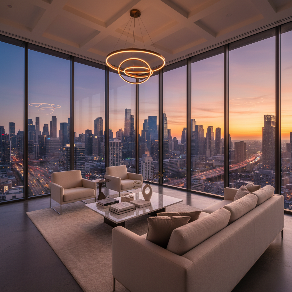 Skyline penthouse interior — floor to ceiling glass walls with city skyline view at dusk