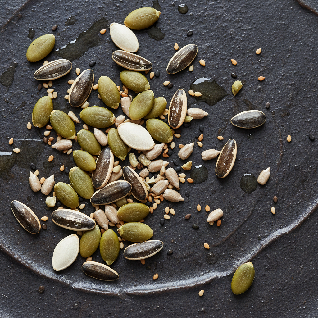 Overhead close-up of mixed seeds — pumpkin, sunflower, sesame — scattered on dark ceramic surface with oil sheen