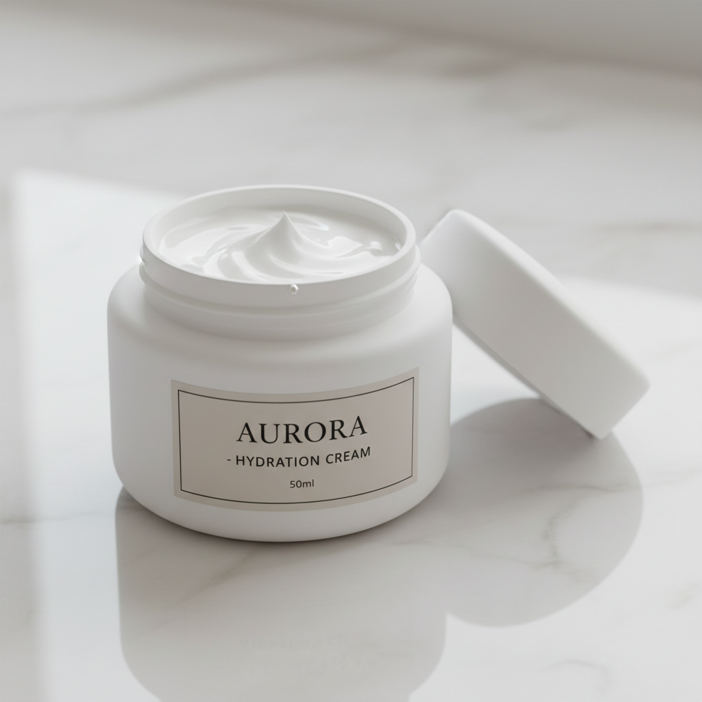 White ceramic jar of Radiance Face Cream open on cream linen cloth, soft diffused daylight background