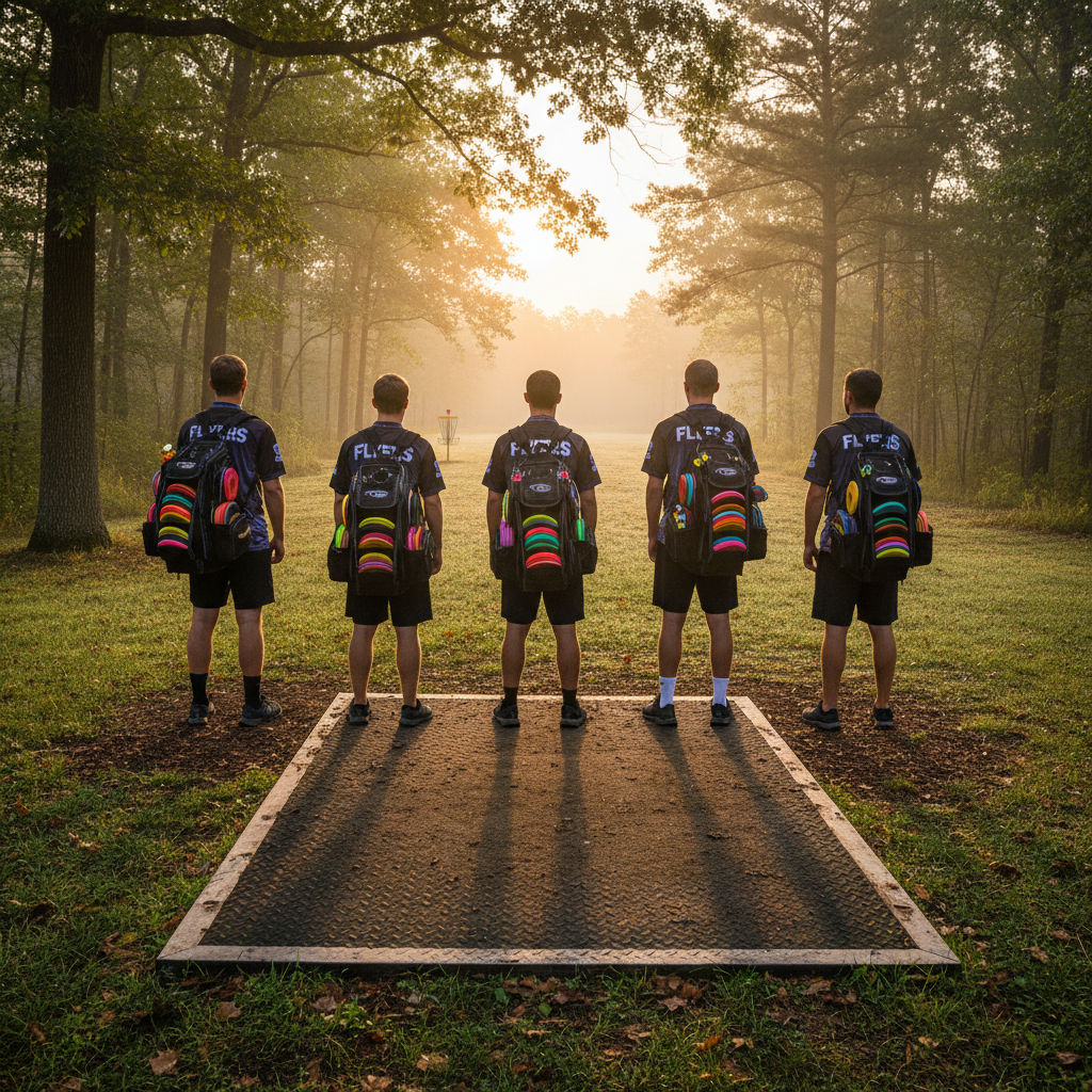 Disc golf team lined up on tee pad at dawn, bags shouldered, ready to start a competitive round
