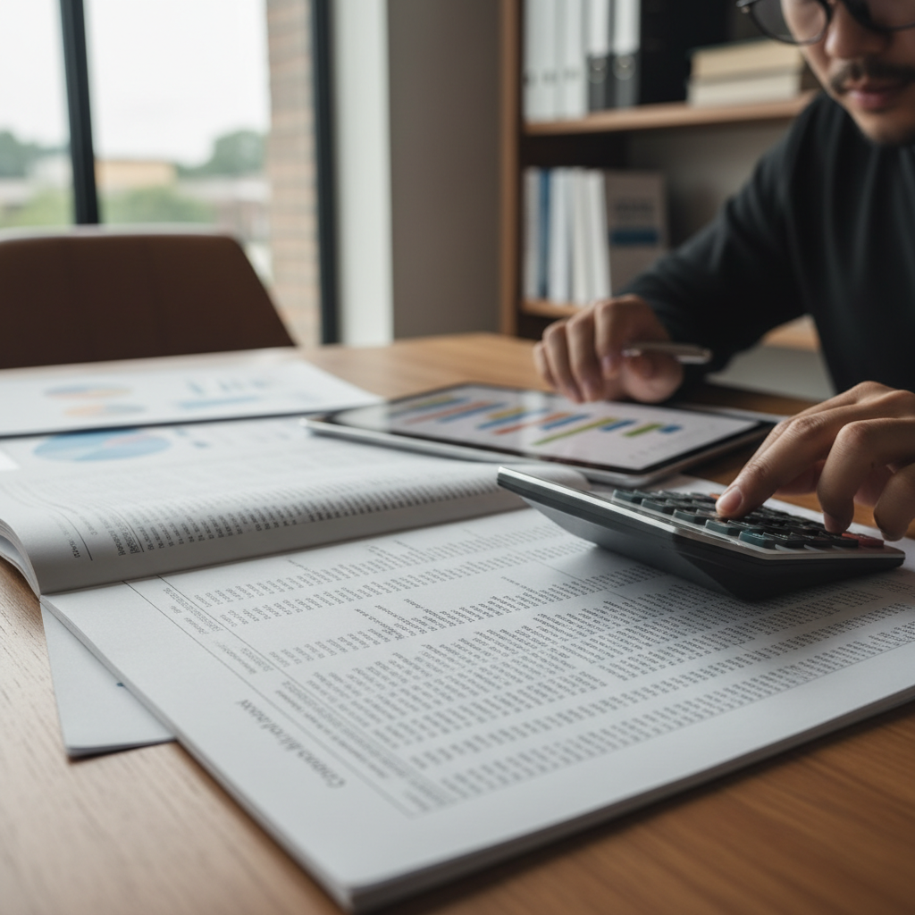 Bookkeeper reviewing financial statements and invoices with calculator