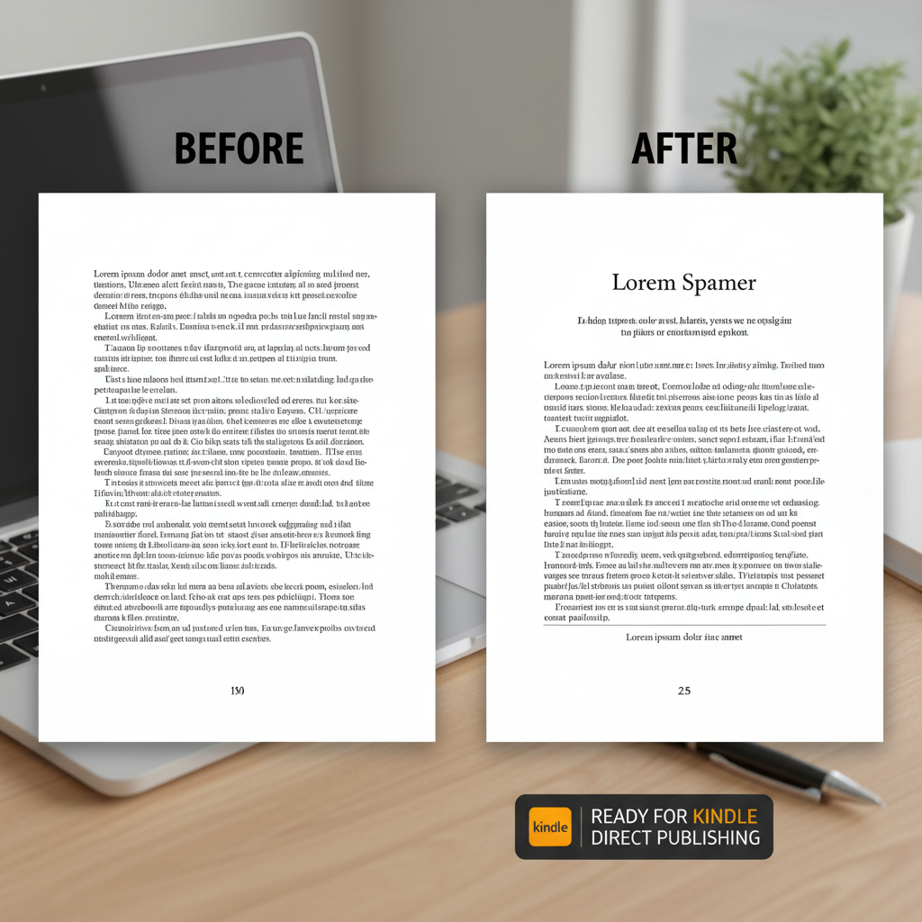 Manuscript formatting before and after comparison showing corrected spacing, font consistency, and professional layout ready for Kindle Direct Publishing