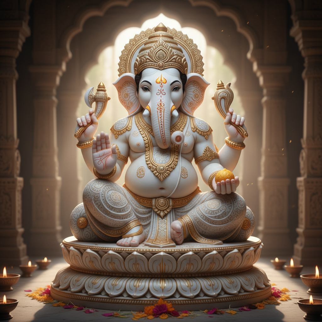 White crystal quartz Ganesh idol with intricate carvings on golden base