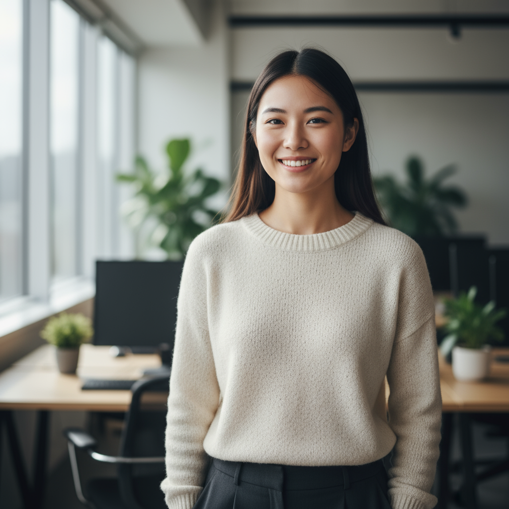 Middle-aged Asian woman smiling warmly in a bright indoor setting