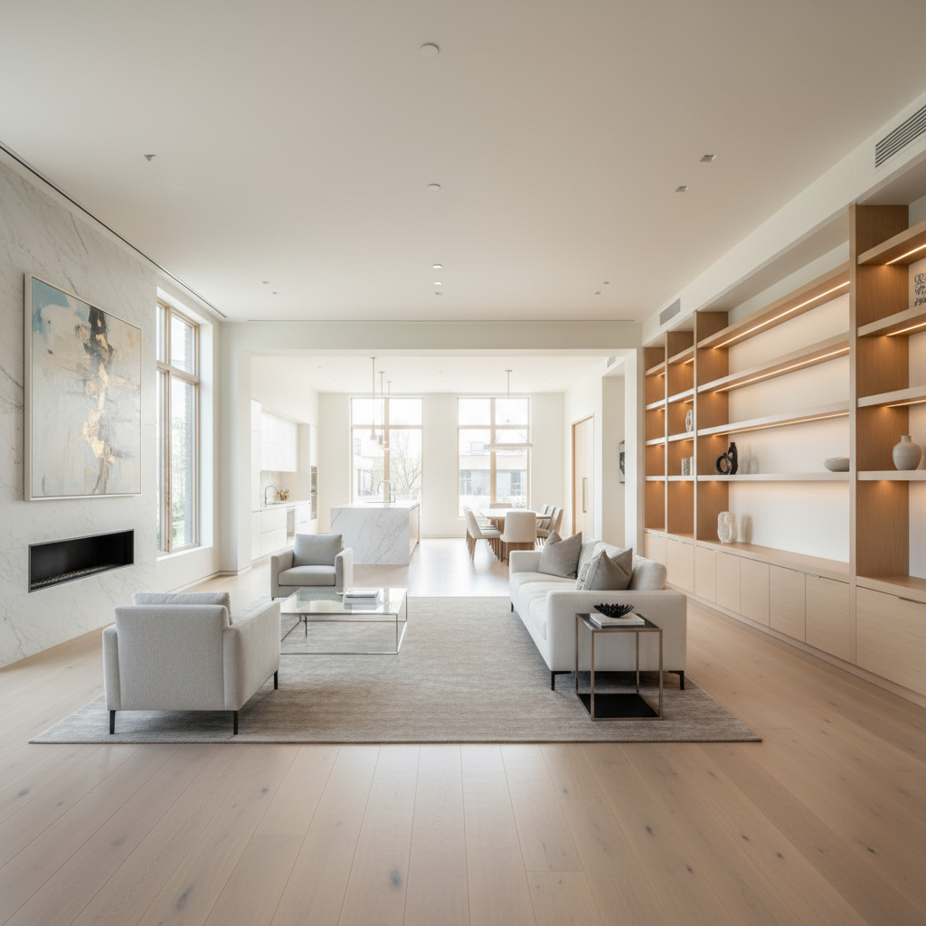 Bright open living room with natural light, clean hardwood floors after furniture removal, airy and spacious