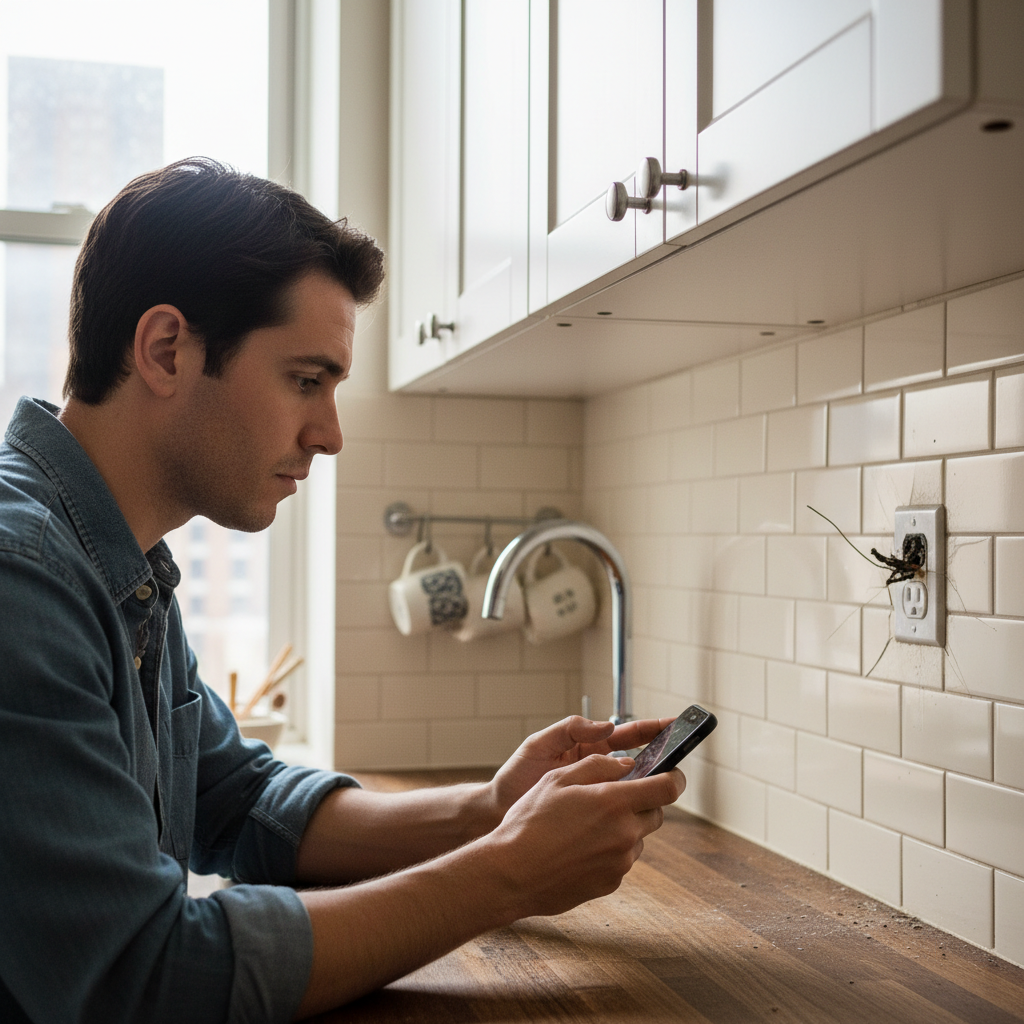 Person texting on phone while looking at a broken outlet in a NYC apartment kitchen