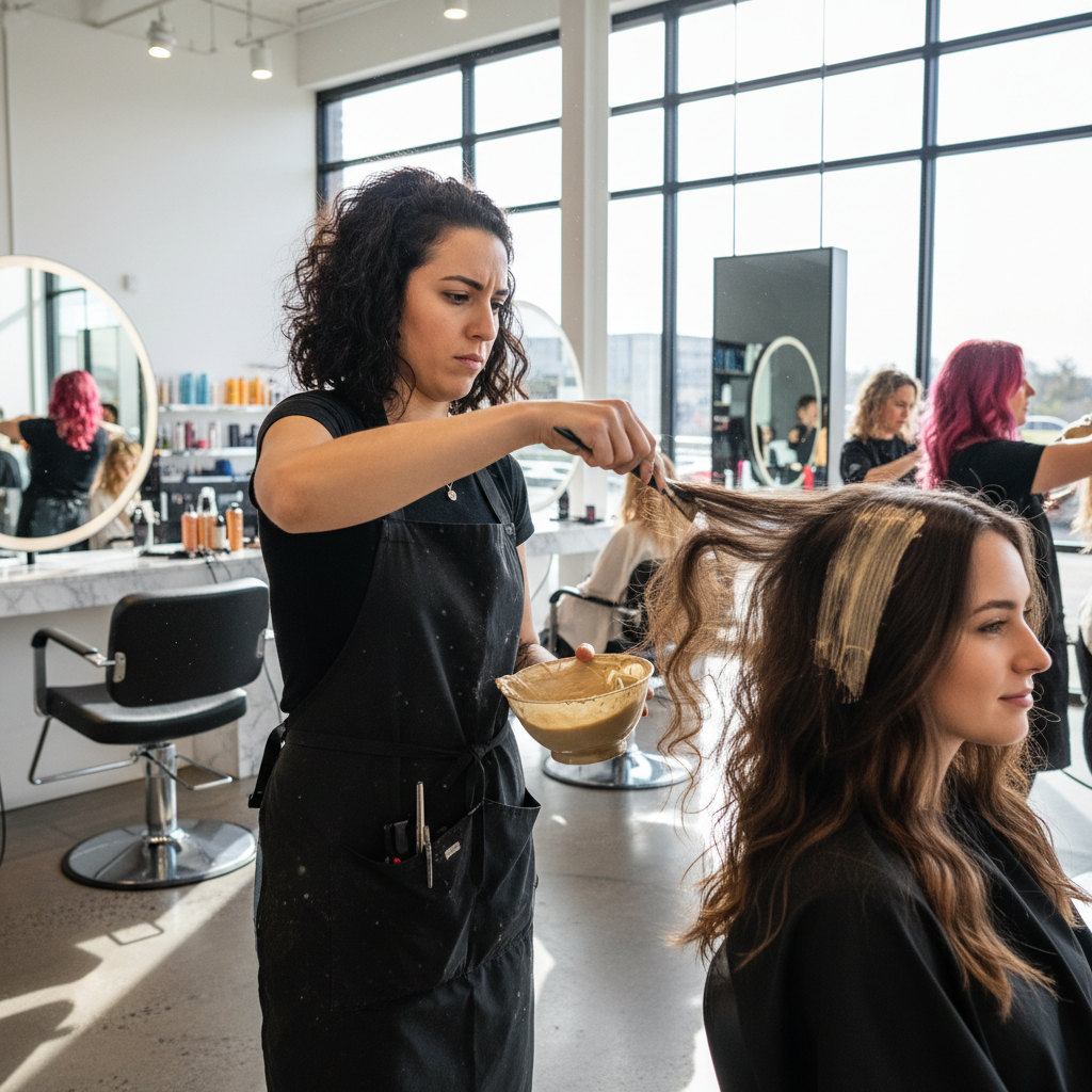 Professional colorist applying balayage to long hair in a bright salon, warm studio lighting, color tools visible