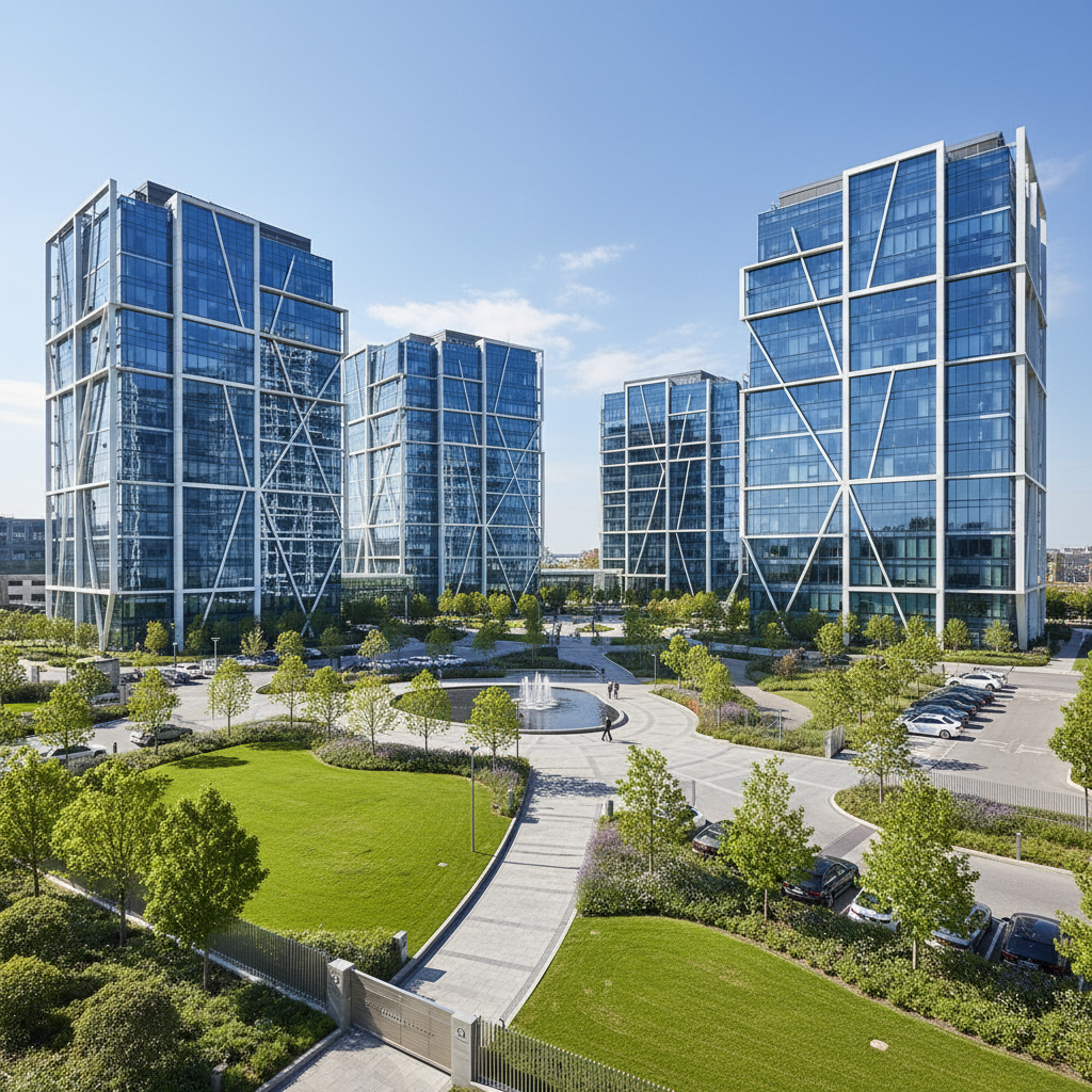 Commercial real estate property with modern office buildings and well-maintained grounds — professional real estate photography