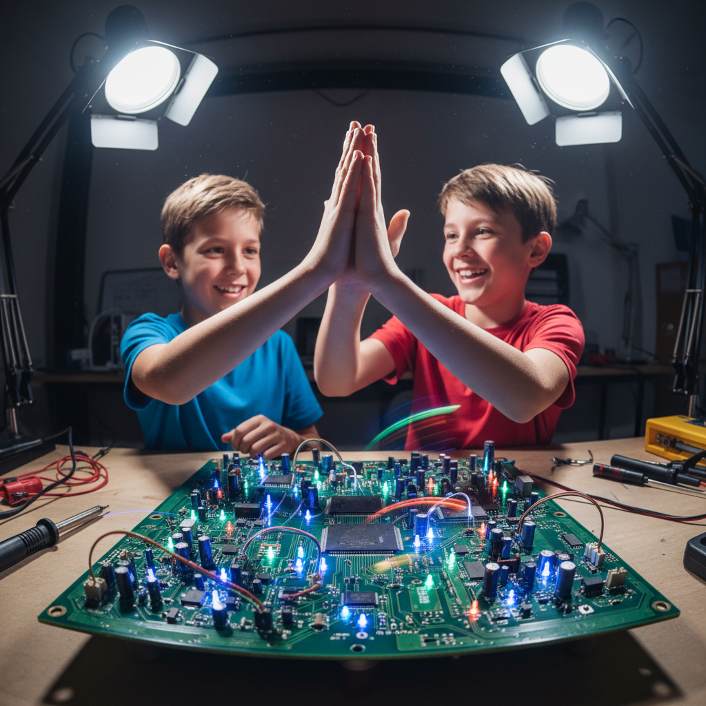 Two boys high-fiving over a working circuit board with blinking LEDs