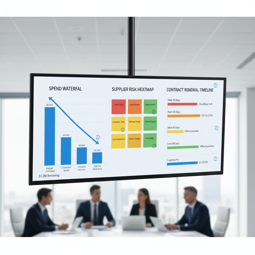 Procure platform live dashboard showing spend waterfall, supplier risk heatmap and contract renewal timeline in real-time