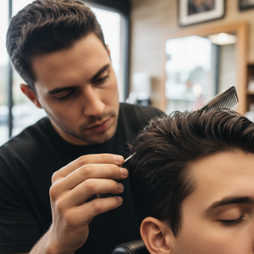 Close-up of barber student analyzing client hairline with precise attention