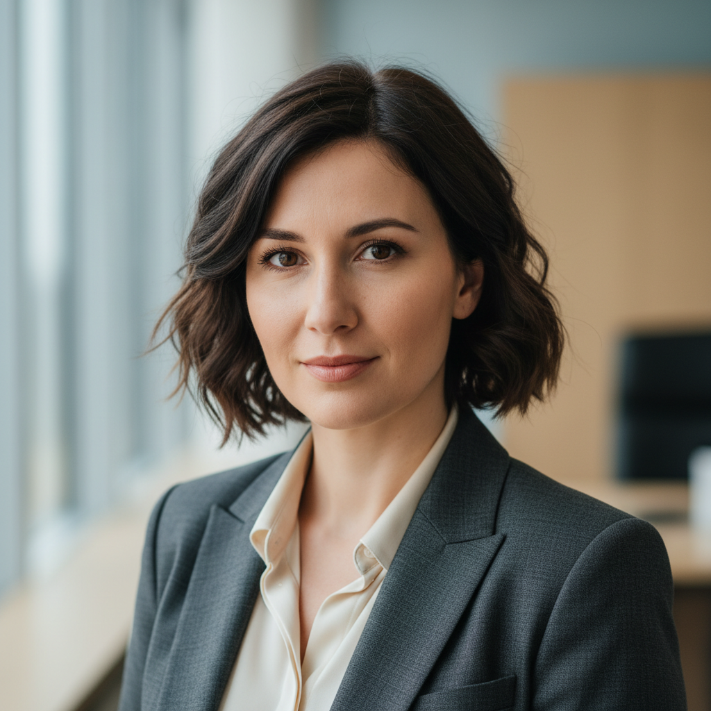 Smiling Slovenian woman with dark hair, casual portrait photo