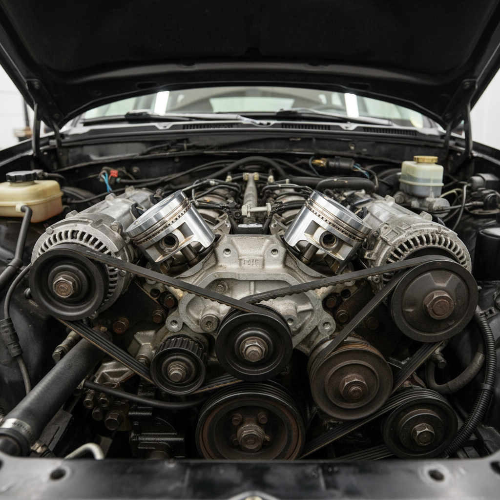 Conventional internal combustion engine bay with pistons and belts
