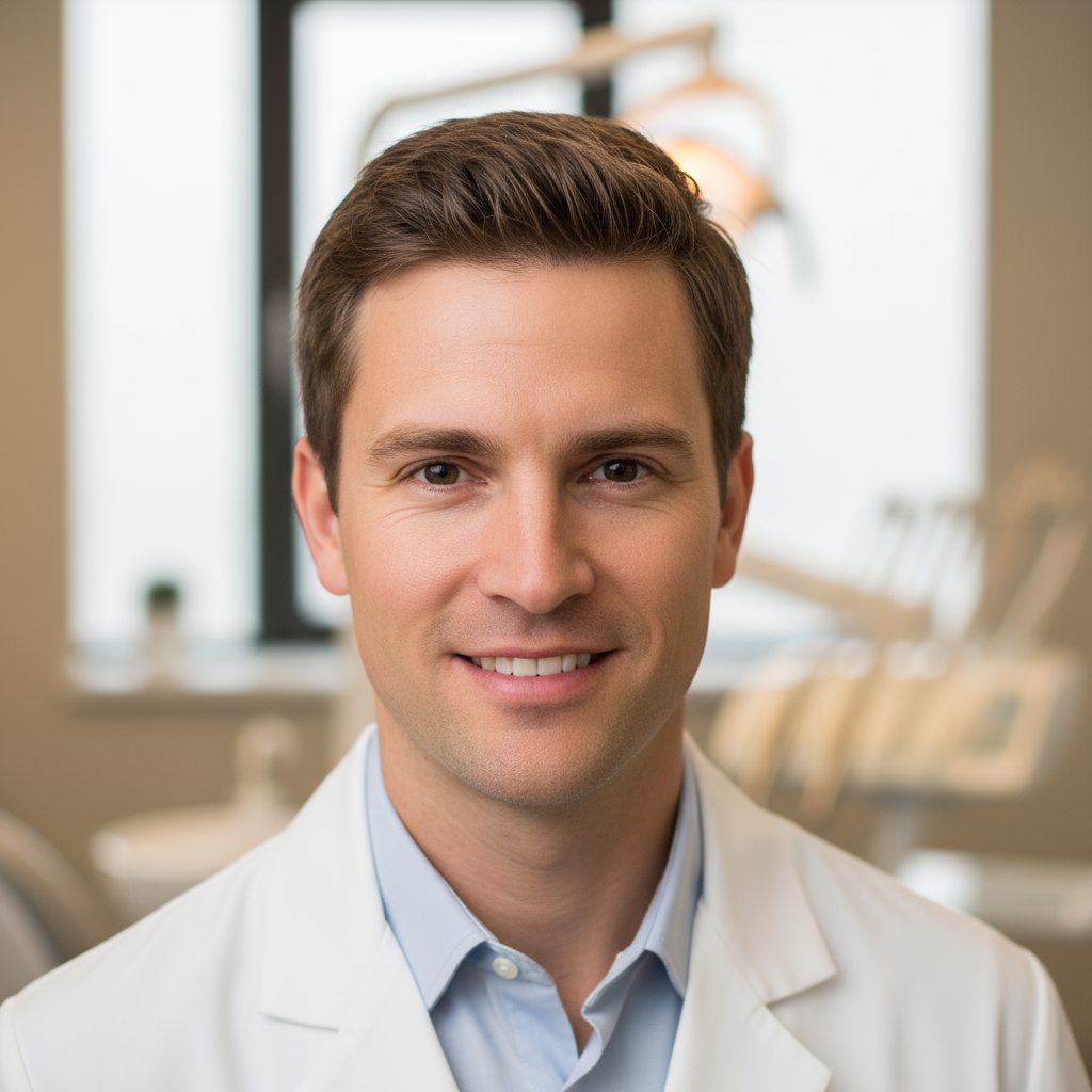 Professional headshot of male dentist in white coat, neutral studio background