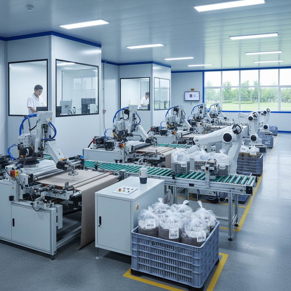 Food packaging line with sealed besan bags on conveyor belt, industrial clean room environment