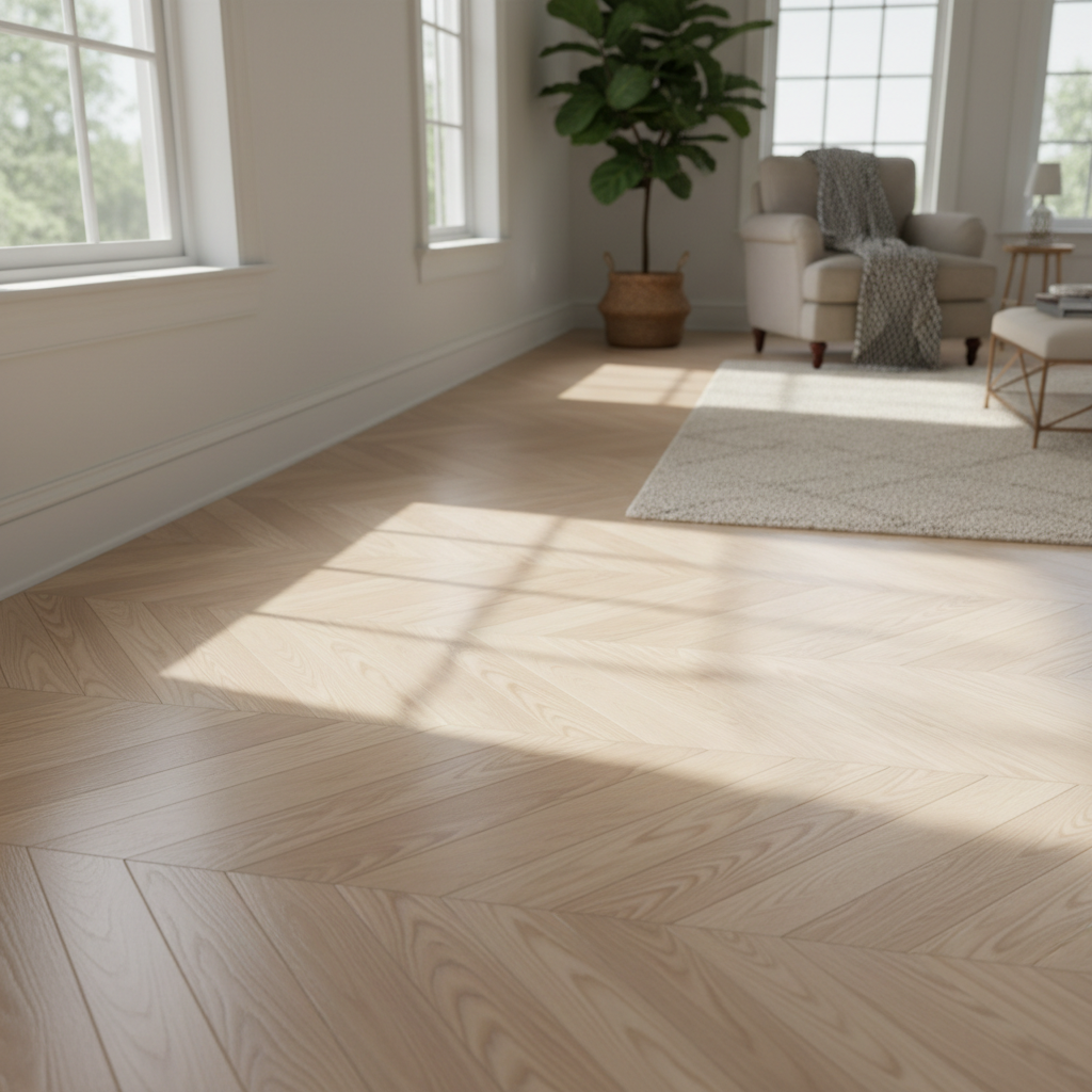 Freshly installed white oak herringbone hardwood floor in a dining room with warm natural light