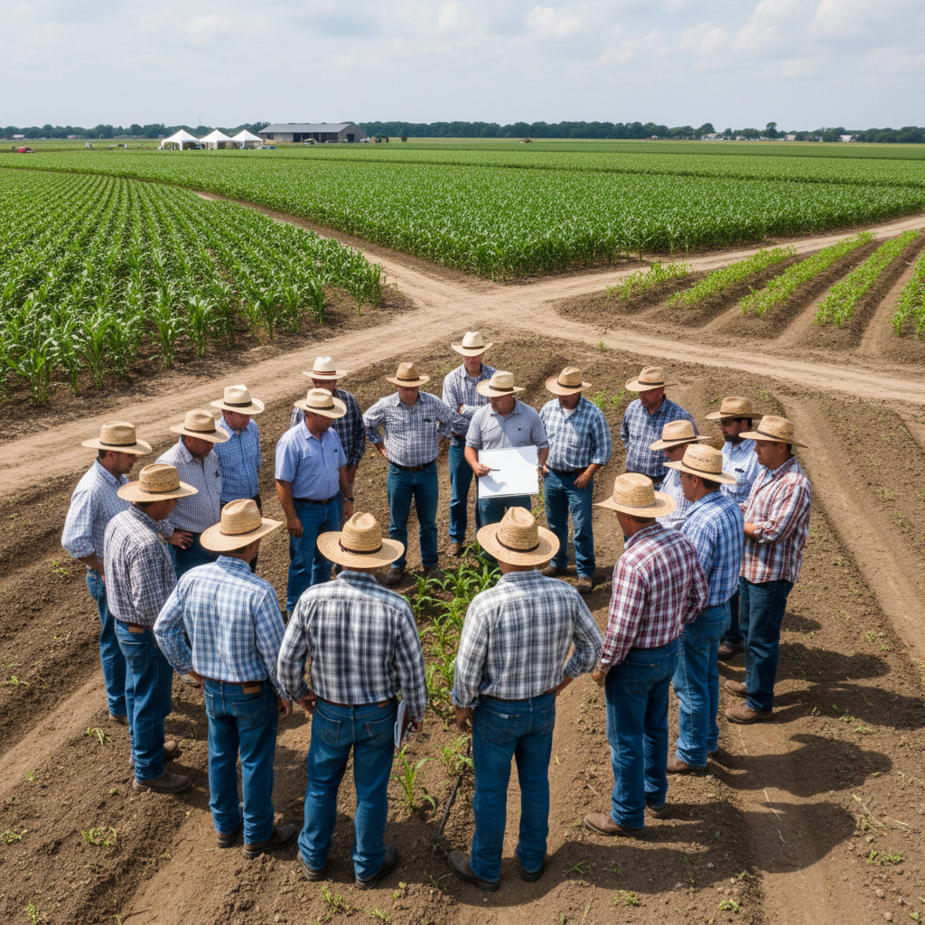 Group of farmers attending agricultural training session with demonstration plot in background