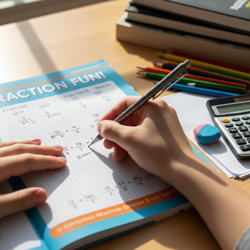 Colorful math worksheets with addition and subtraction problems spread on a table