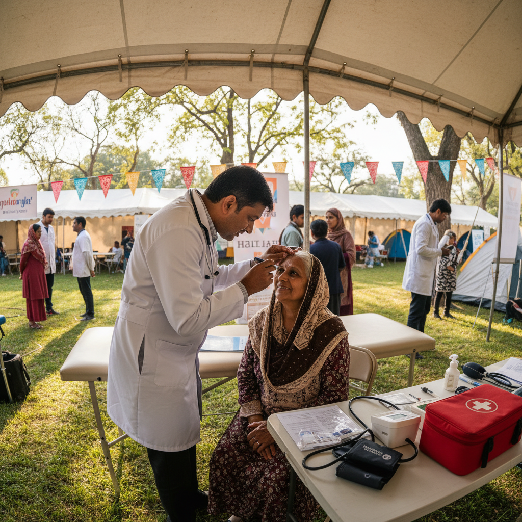 Gujarati newspaper article showing health camp organized by Seva Setu Trust with doctors examining patients