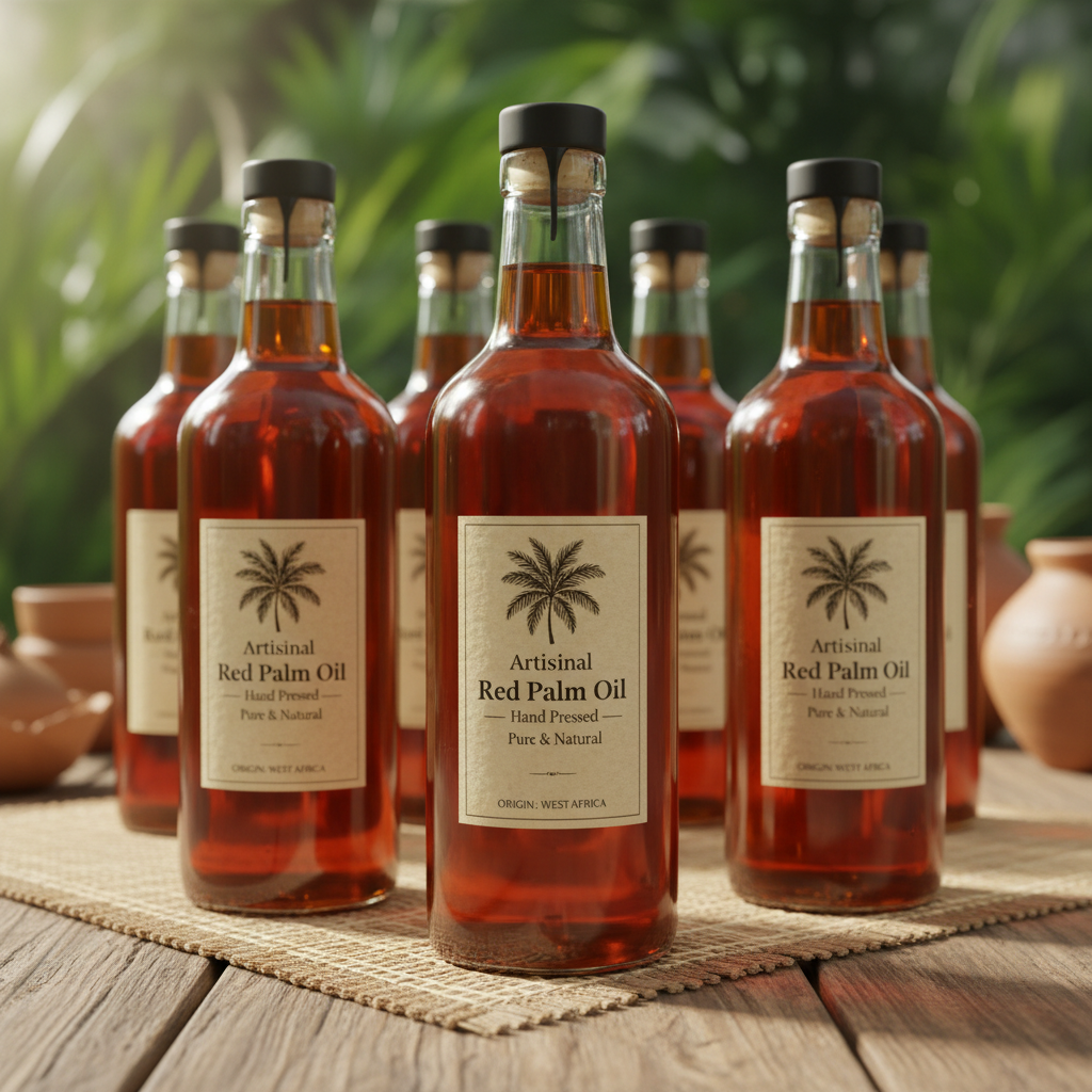 Red palm oil in a clear bottle on a clean surface