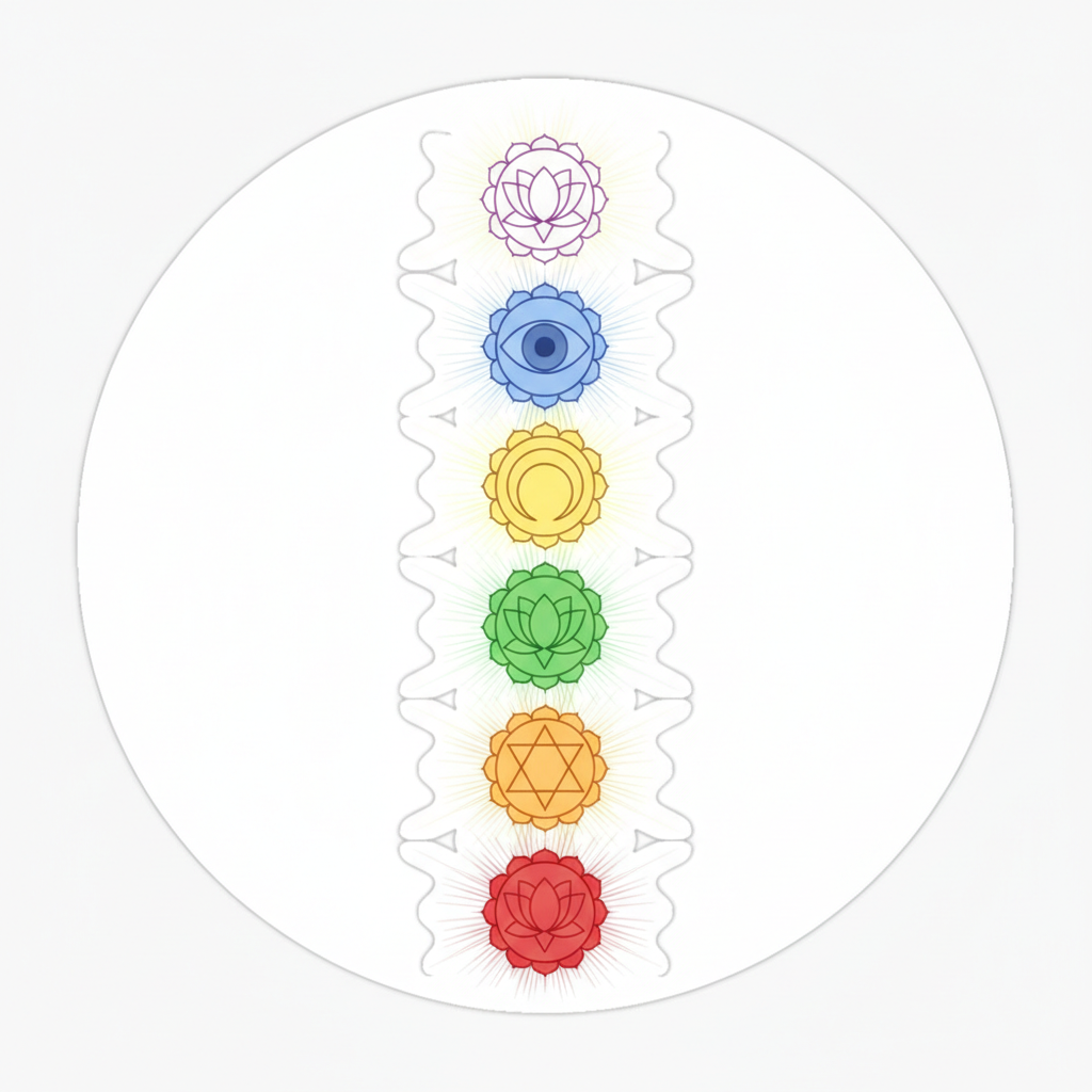 Colorful crystals and gemstones arranged in a line representing chakra points in mystical soft light