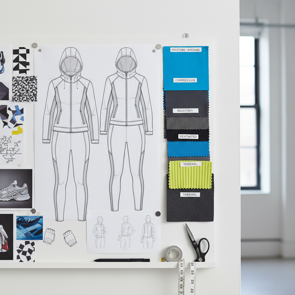 Apparel product development with design sketches and fabric swatches on a professional design desk