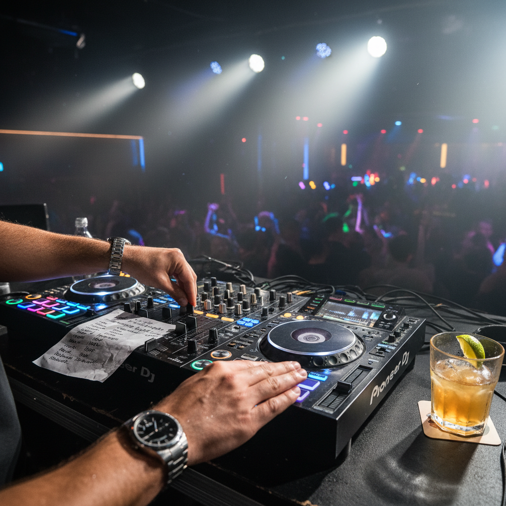 Hands on DJ controller with printed setlist and cocktail glass at corporate event booth
