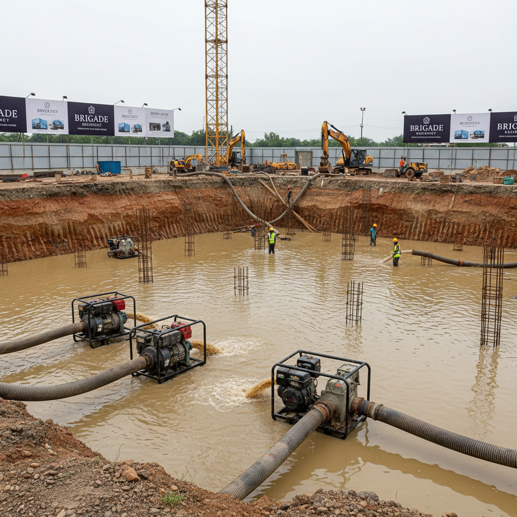 Industrial pump equipment on construction site, heavy dewatering machinery in operation