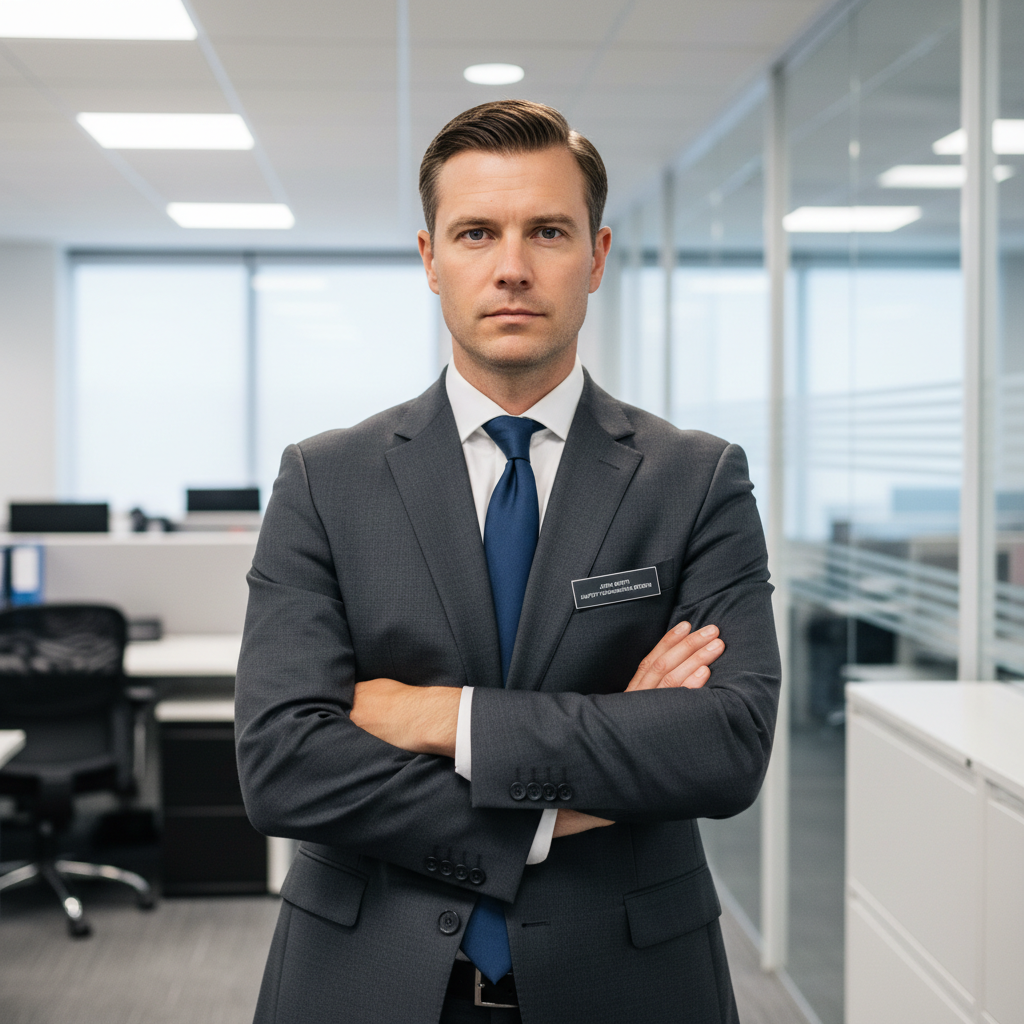 Safety compliance professional in formal attire, professional setting, authoritative and detail-oriented