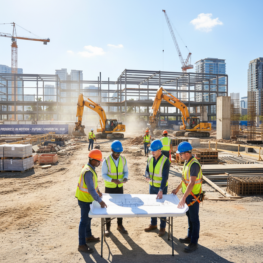 Construction support team working alongside general contractor crew on a large commercial development project