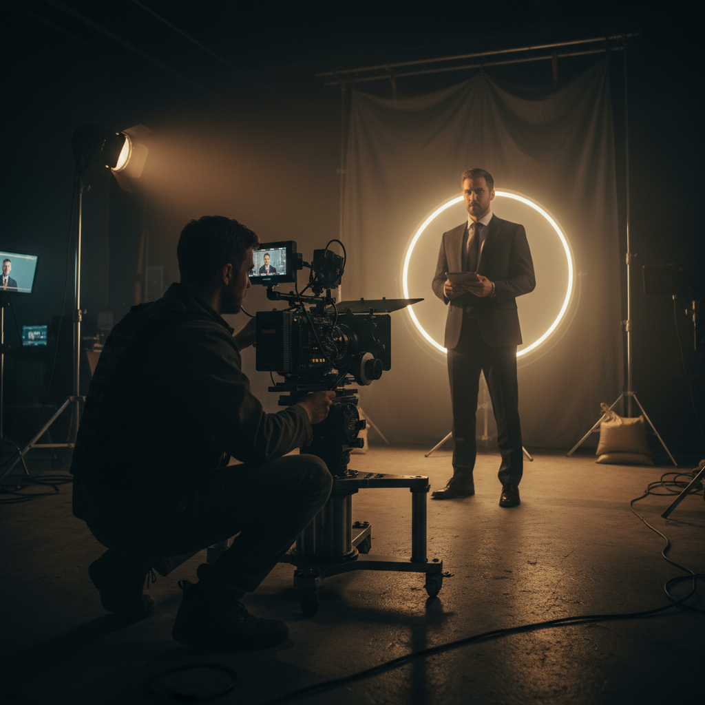 Behind-the-scenes still of cinematographer framing executive in darkened studio
