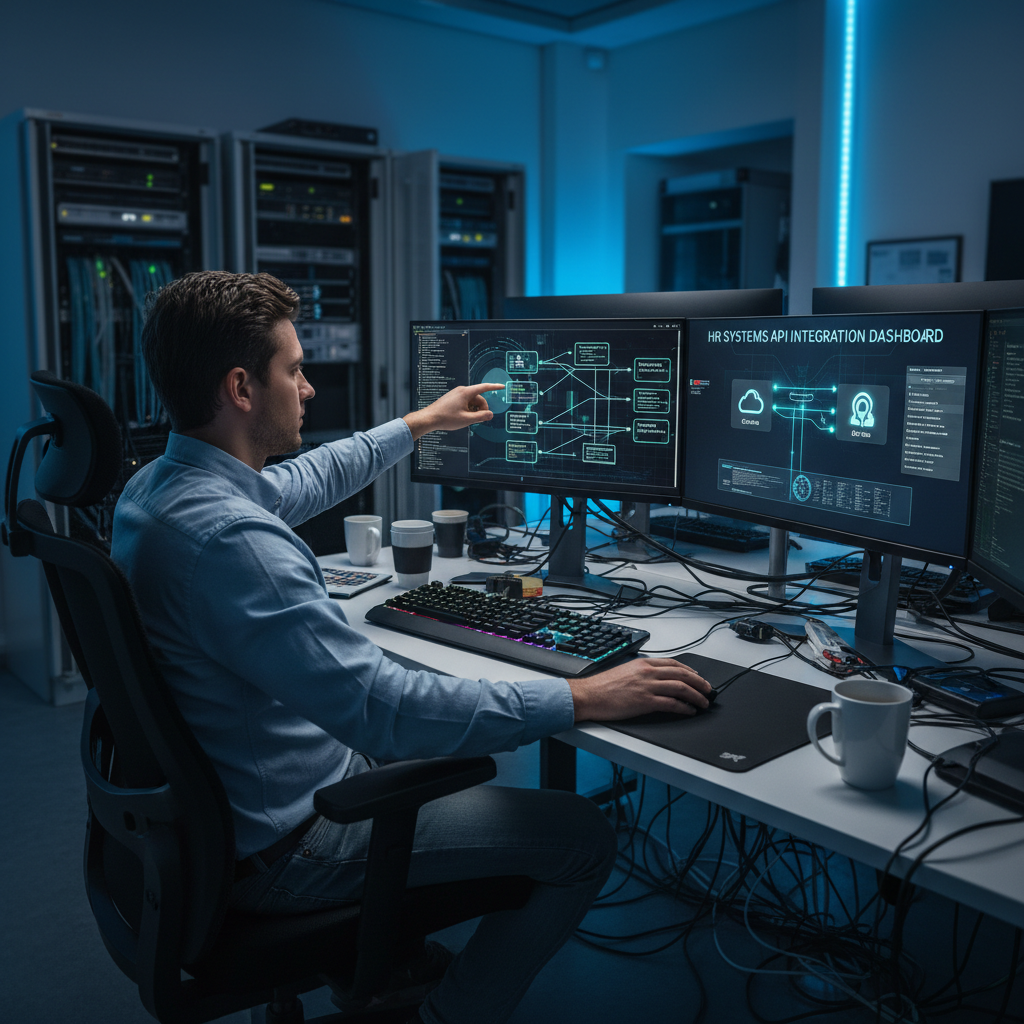 IT administrator managing security settings and system configuration on multiple screens