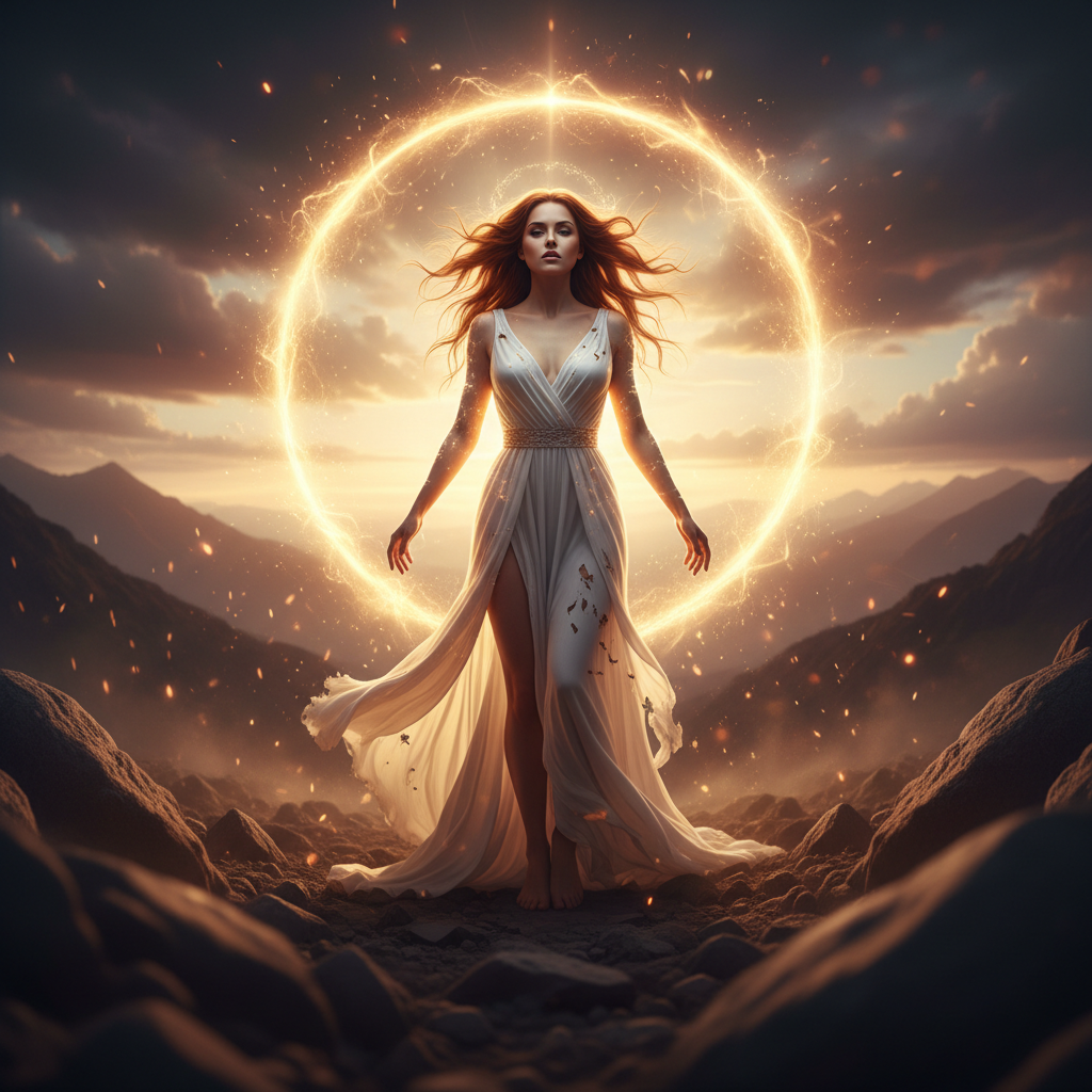 Confident beautiful woman in golden light, dramatic transformation glow, cinematic empowerment scene
